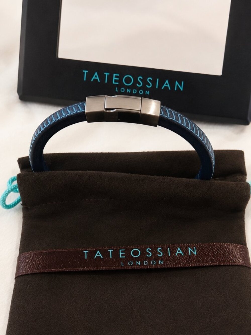 Tateossian London BL9506 Navy Blue Leather Bracelet with Black Ruthenium-Plated